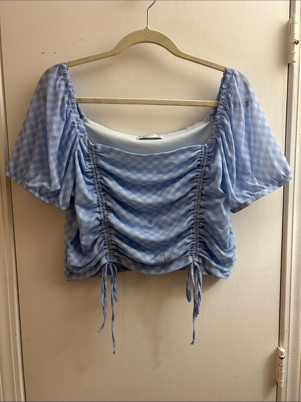 Light Blue Gingham Ruched Crop Top